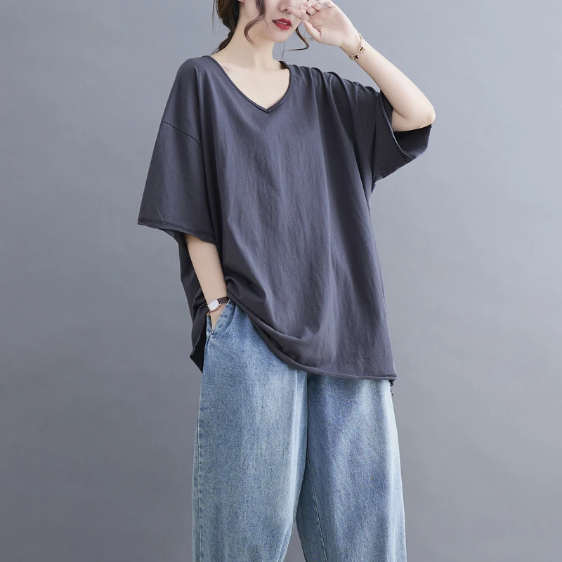 plus Size Women's  Color ort Sve T-irt V-Ne Loose Fit Bamboo Cotton Summer Top Slimming Effect Base irt