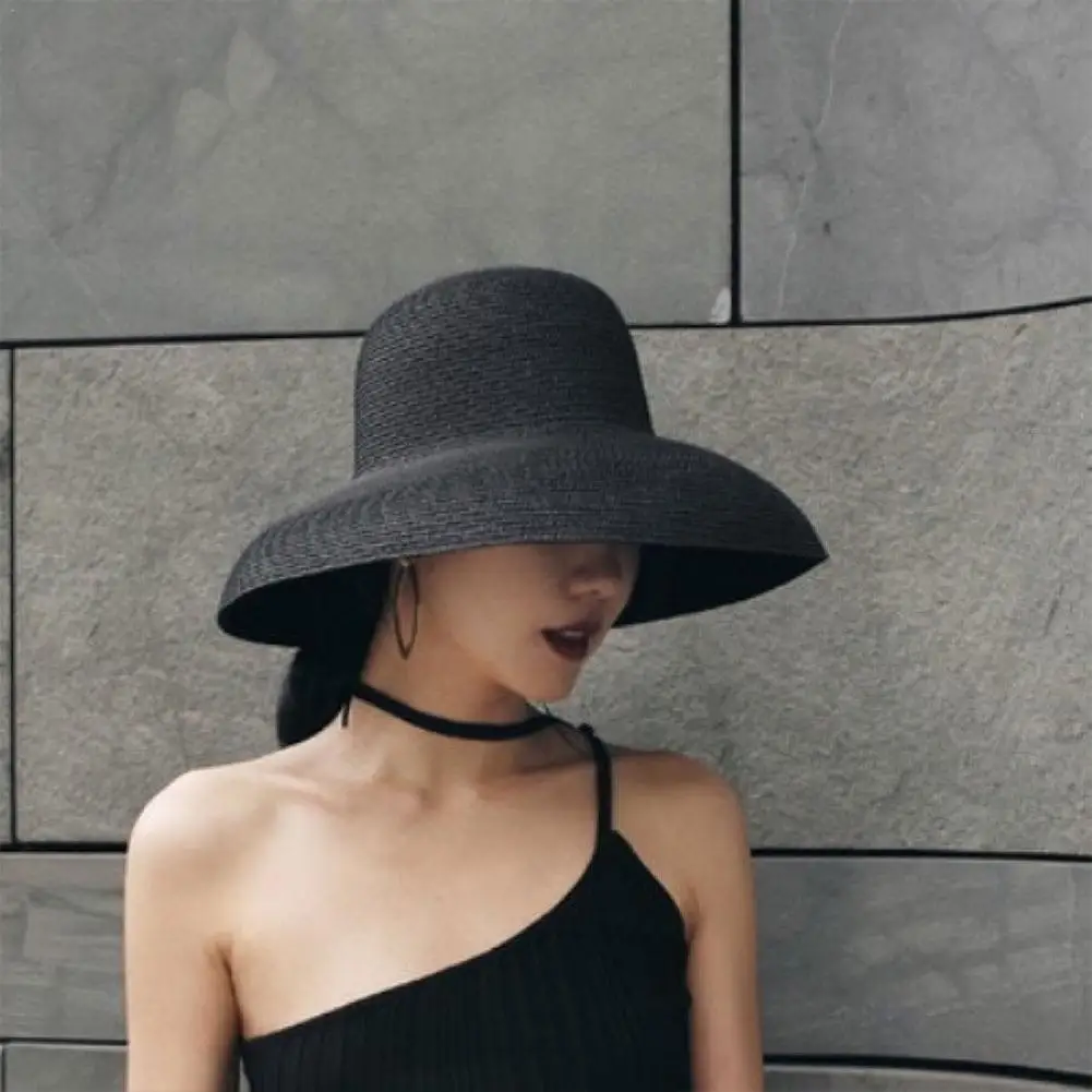 Summer Sun Hats Ladies Solid Plain Elegant Wide Brim Hat Female Round Top Panama Floppy Straw Hat Hepburn Beach Hat