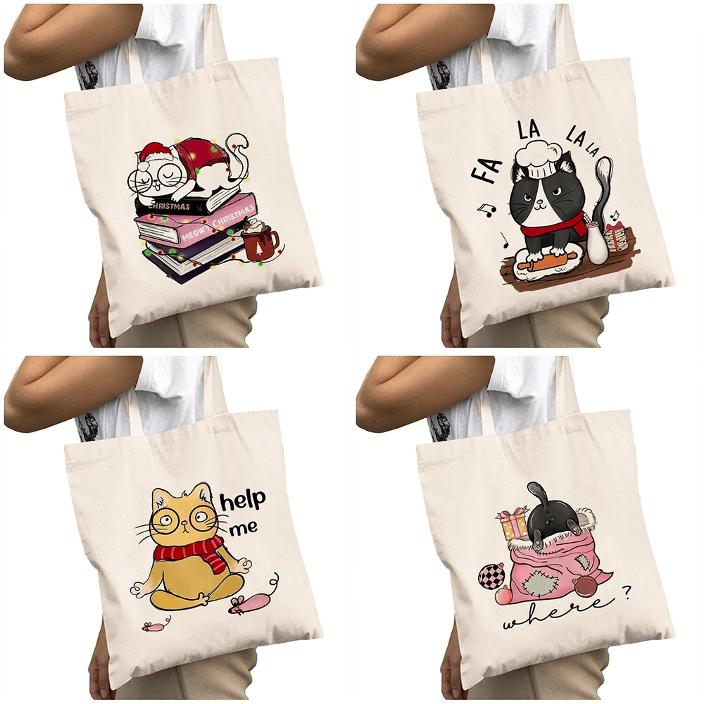 Casual Chef Cat Women Daily use Bags Yoga Cat Girl Shopper Shoulder Handbag Double Print Snow Globe Kitty Lady Shopping Bag