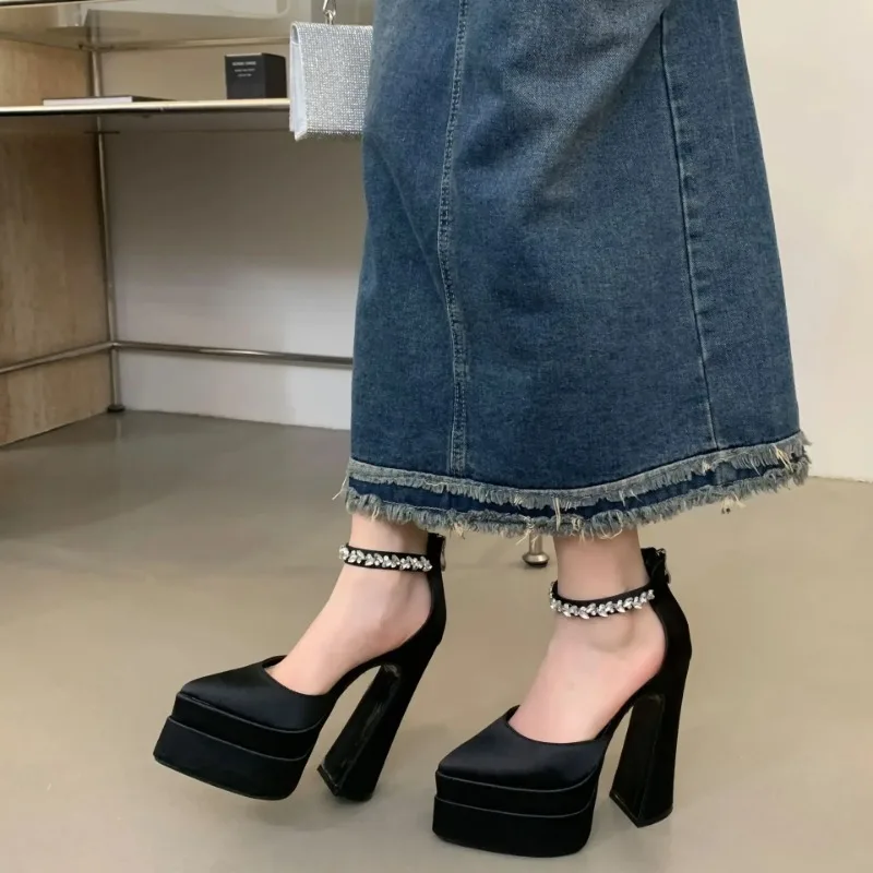 

2025 New Fashion Catwalk Show Women's Single Shoes Fashion Pumps Summer Water Platform Thick Heel Pointed Toe Satin High Heels