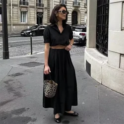 ZA2024 Autumn New Women's Fashion Style Casual Solid Color Simple and Versatile Collar Shirt Wide Swing Midi Skirt Set