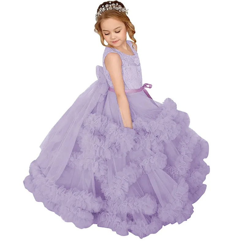 Tiered Ruffles Wedding Flower Girl Dress Sleeveless Performance Birthday Party Gown Lace Princess 1st Communion Dress Cake Tutu