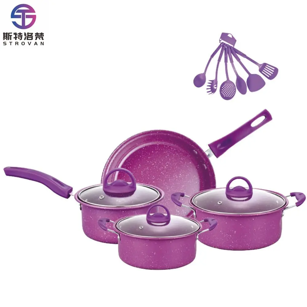 Good Quality 13 Pcs Full Kitchen Cookware Set  Glass Lid Non-Toxic Purple Induction Cooking Pot Set