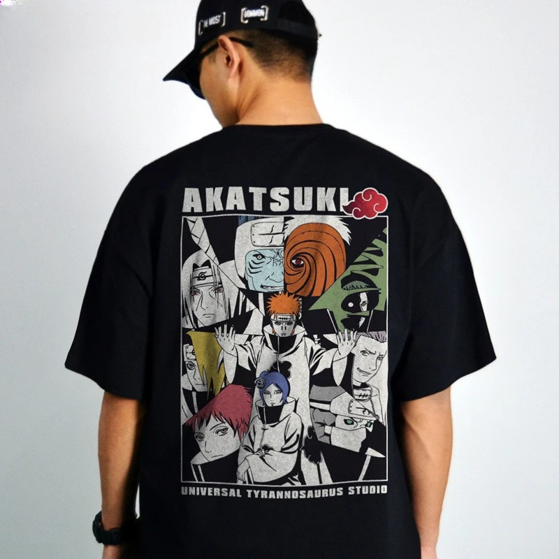 

Summer Male Japanese Anime Naruto Joint Short-sleeved T-shirt Loose Half-sleeved Shoulder Black Casual Crew Neck Cotton Tee