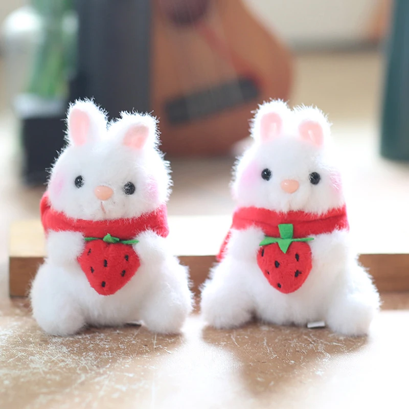 Cute Strawberry Rabbit Bunny Plush Doll Soft Ragdoll Keychain Lanyard Pendant Girly Bag Hanging Ornaments Stuffed Toy Kids Gifts