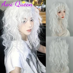 AOSI  Synthetic Long Curly With Bangs White Wig Pure White Wool Roll Lolita Women Halloween Cosplay Wig Women