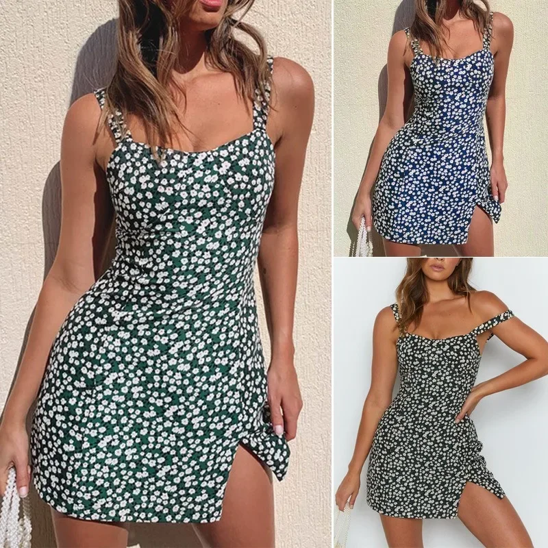 Streetwear saias curtas para mulheres, suspensão floral, vestido de fenda sexy, lazer fino, vestidos de venda quente, moda verão, novo