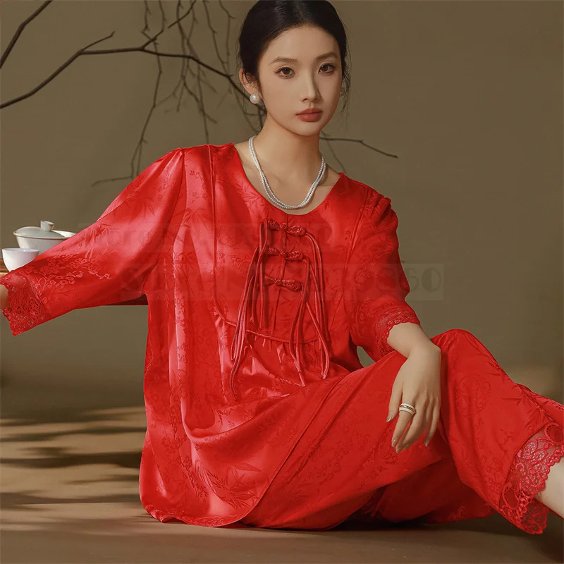 New Chinese Style Female Pajamas Set 2PCS Trouser Pijamas Suit Elegant Jacquard Sleepwear Casual Satin Homewear Loungewear