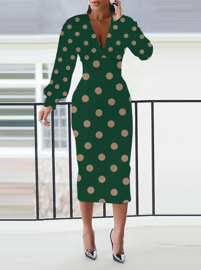 

Autumn Fashion Polka Dot Print Slim Dress Women Elegant OL V-Neck Long Sleeve Skinny Dress Women Plus Size