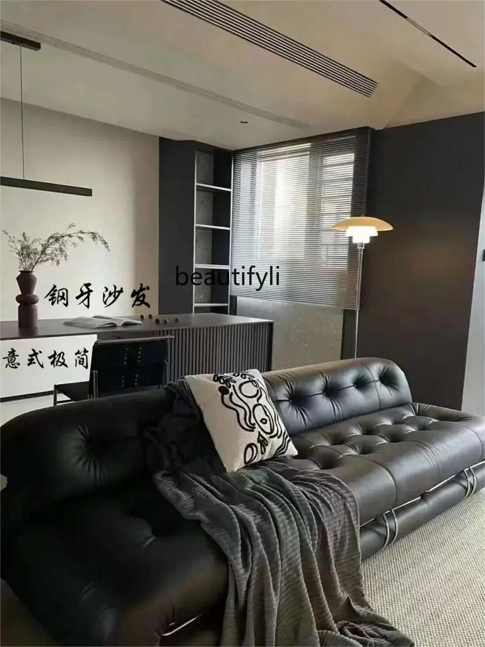 

Mid-Ancient Black Steel Tooth Sofa Cat Scratch Leather Clothing Store Small Apartment Living Room Hippo Italian Minimalist