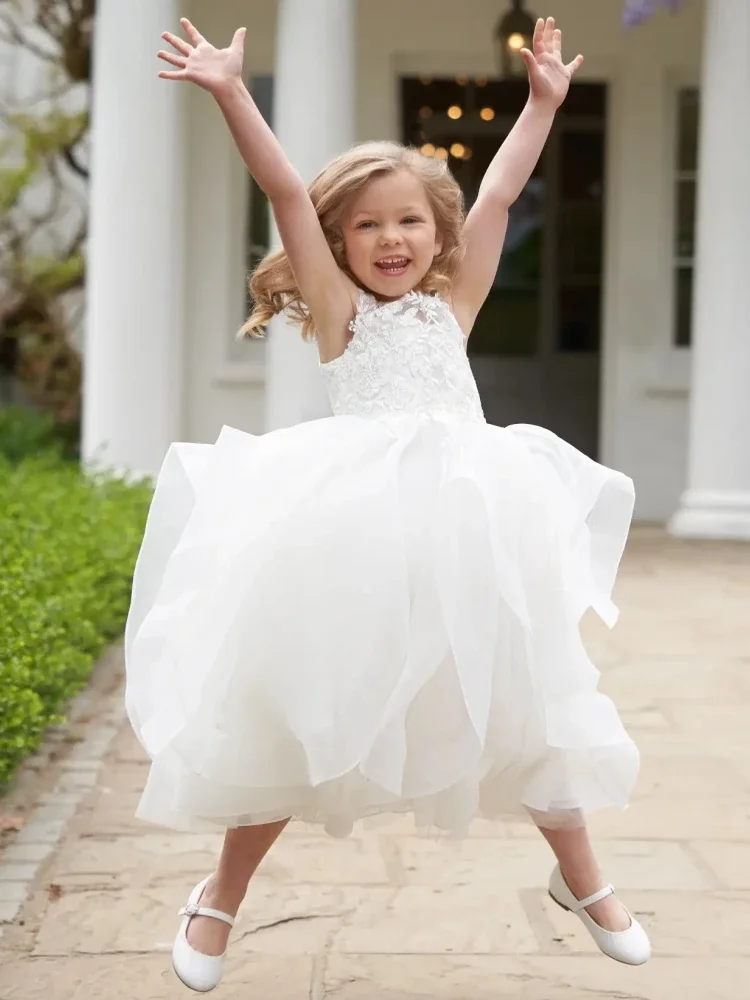 

Princess Dress Flower Girl Dresses White Tulle Tiered Appliques Sleeveless For Wedding Birthday Party First Communion Gowns