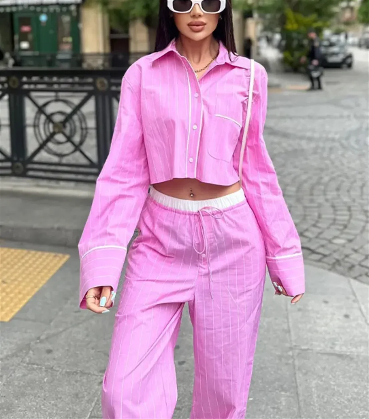 Woman's Fashion Pink Suits Long Sleeves Turn-Down Collar Single Breasted Shirt Wide Leg Long Pant Elegant 2024 2 Piece Set