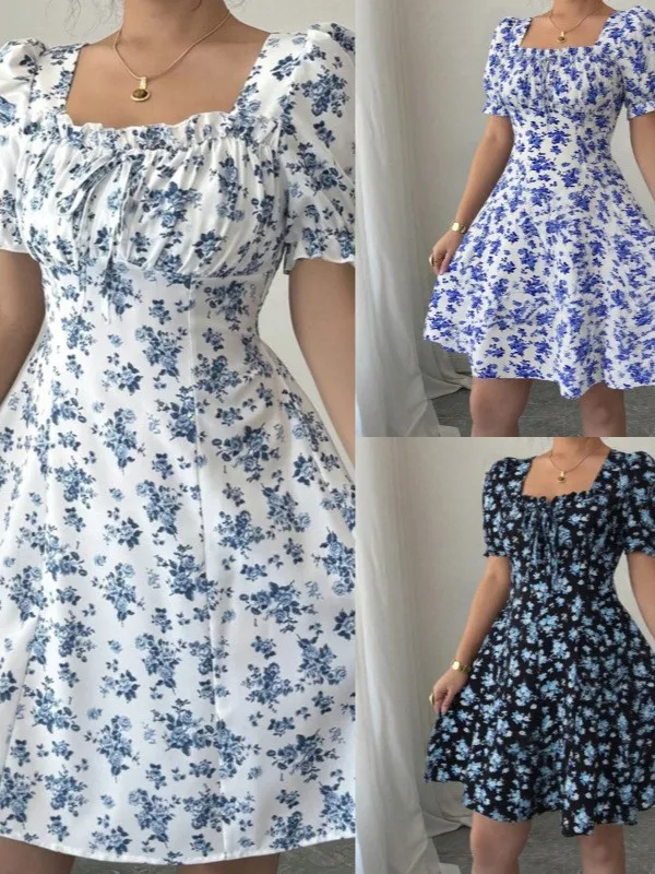 Damenkleid mit eckigem Ausschnitt, gerafftem Oberteil, Midikleid, A-Linie, Puffärmel, Sommerkleid, blau-weißer Blumendruck, lässig, elegant