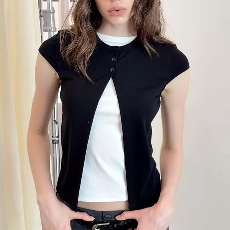 Contrast Colour Two Pieces Cotton T-shirt Summer Fashion Slim Fit Casual Tops 2026 New Style Office Lady Work T Shirt Black