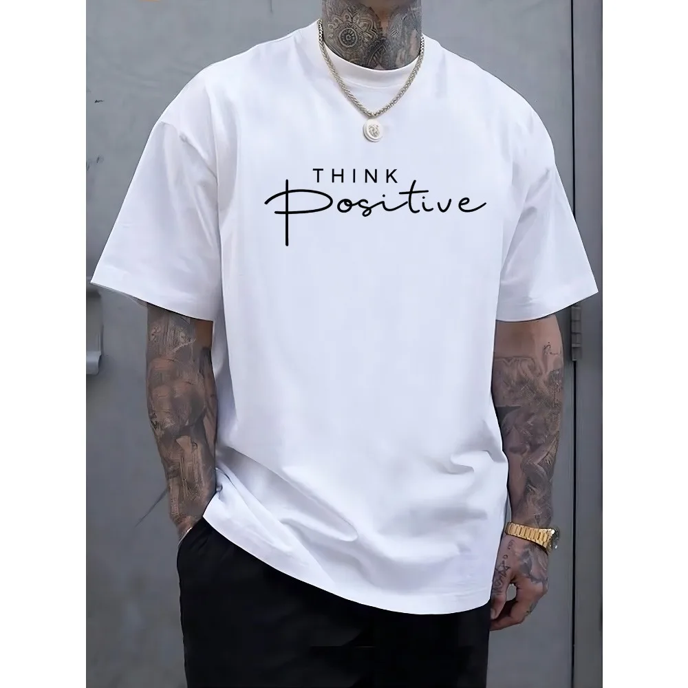 Mens Summer Crew Neck T Shirt THINK Positive Letter Print Loose Oversized Short Sleeve Streetwear Casual Daily Black Top For Men