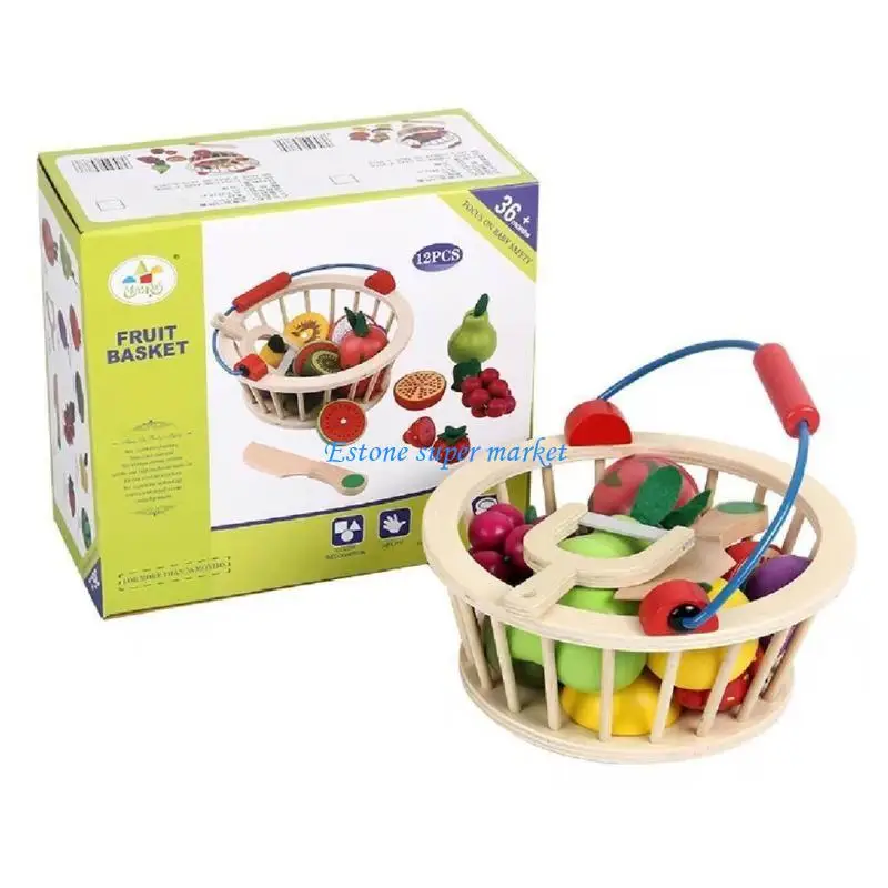 090B 1Set Preschool Playset Cutting Vegetables / Fruits with Basket Wooden Playset