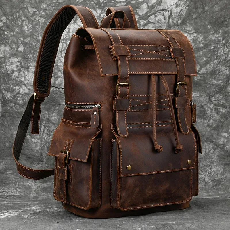 Mochila de cuero para hombre, morral de viaje para ordenador portátil de cuero genuino, mochila de 17 pulgadas, bolso grande para hombre, novedad de 2025