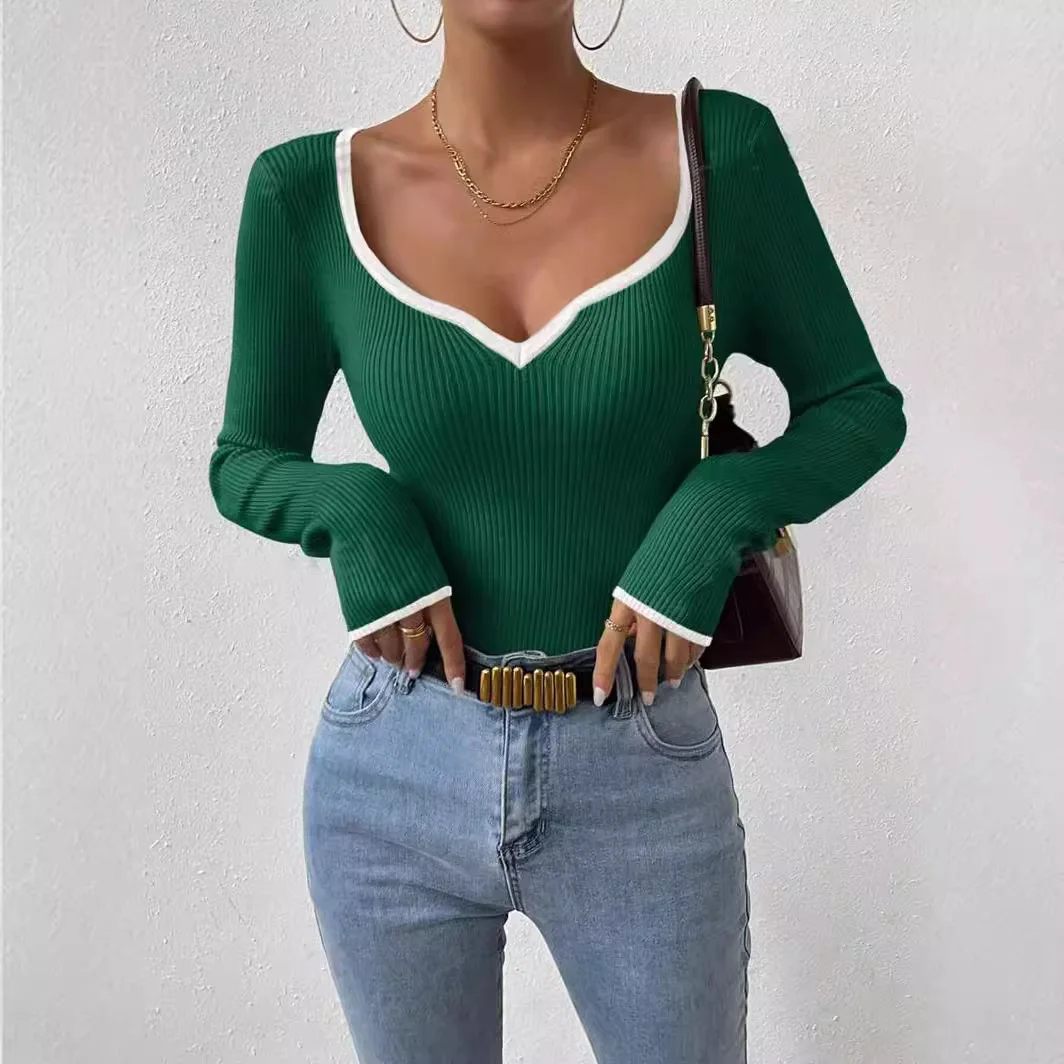 

Spring Tshirt Tops Women Fashion Trimmed V-Neck Knitted Sweater Tops Vertical Striped Slim Fit Base Shirt Tops Sweet Top