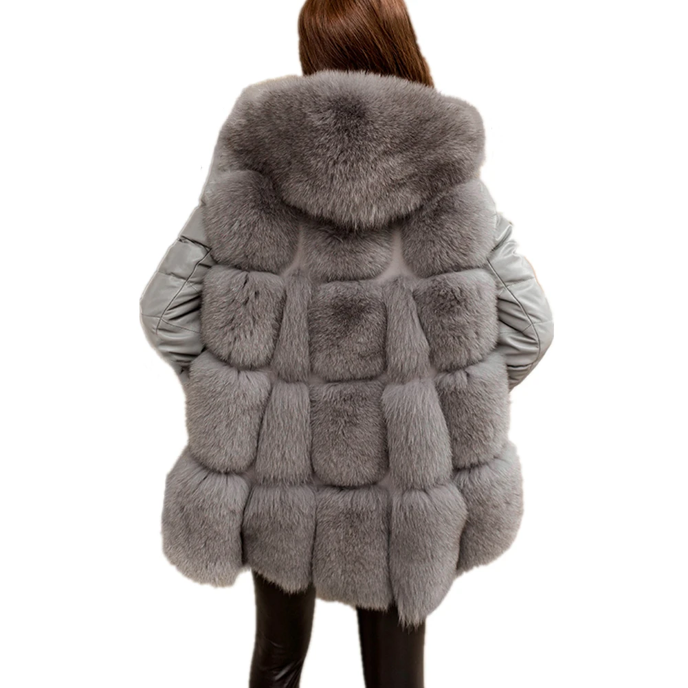 Women Winter Overcoat Outwear PU Leather Removable Sleeves Faux Fur Coat With Hooded Thick Warm Faux Fox Fur Jacket