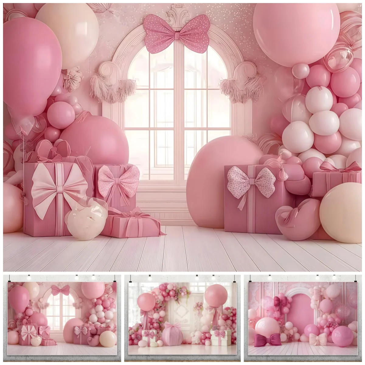 Pink Bow Balloon Photography Backdrop Gift Box Window Kids Adult Portrait Baby Girl Birthday Decoration Photocall Backgrounds