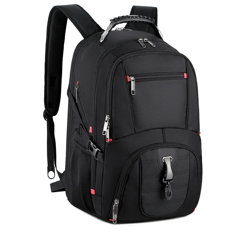 Black multi compartment business laptop backpack with red accents padded back panel water resistant fabric suitable for office