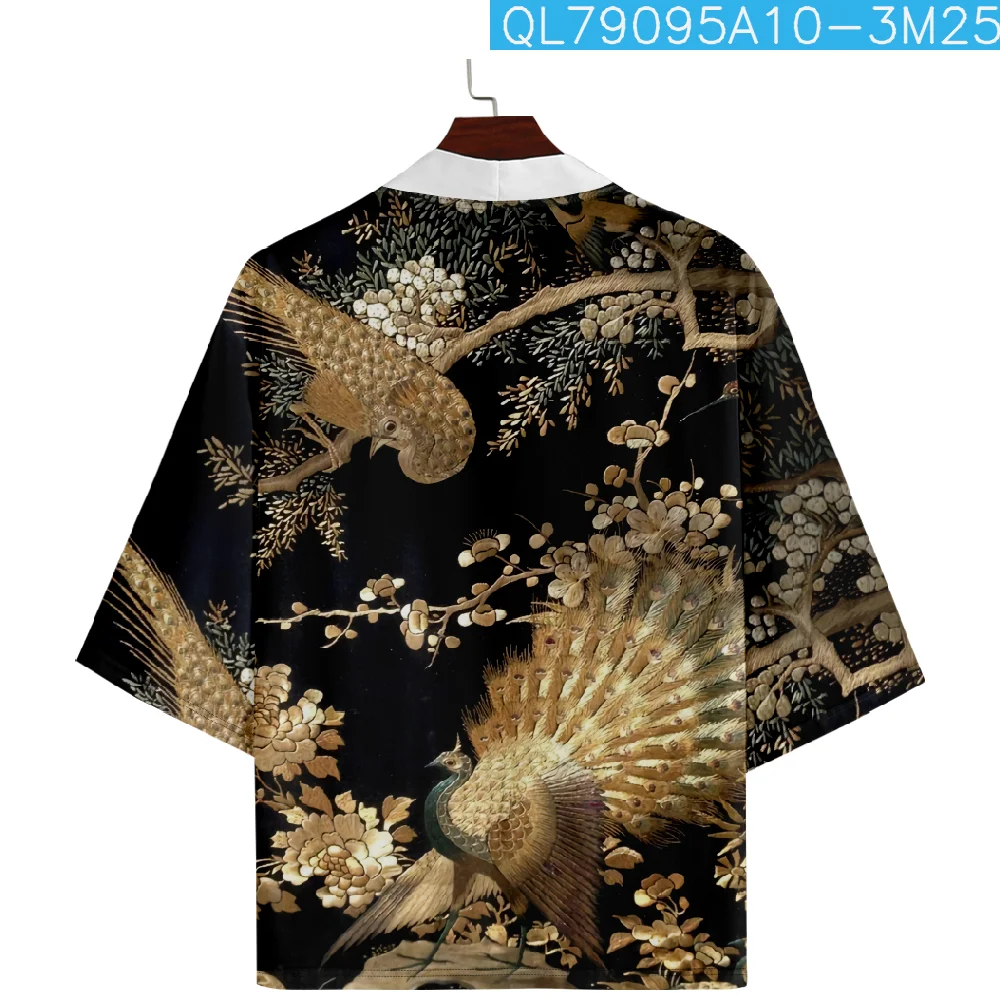 حجم كبير 6XL فضفاض اليابانية الشارع الشهير الطاووس طباعة سترة النساء الرجال Harajuku Haori كيمونو تأثيري قميص حريمي يوكاتا رداء