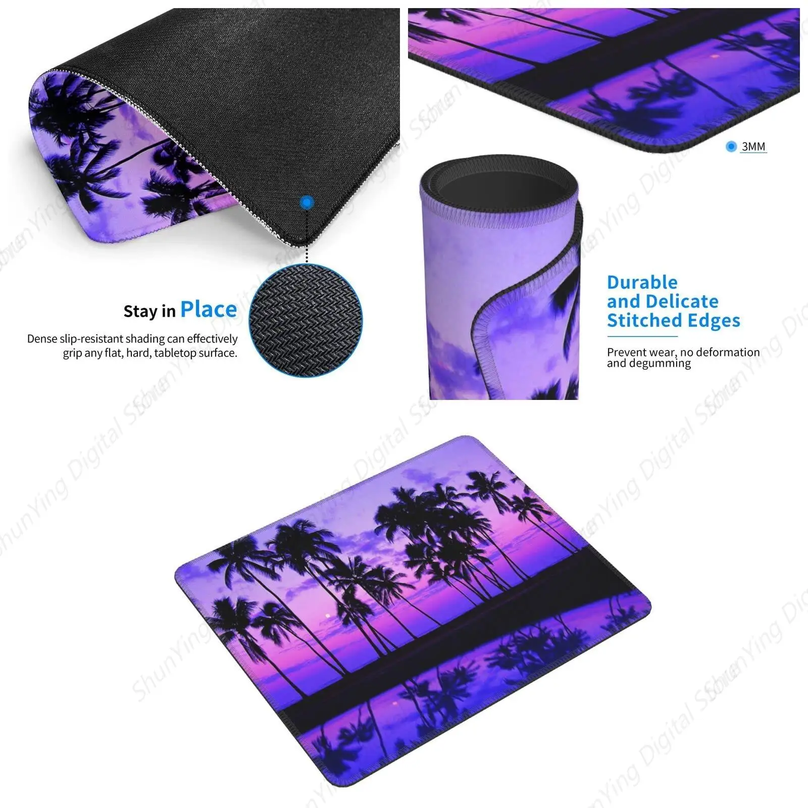 Mouse pad com padrão de pôr do sol roxo palmeira, mouse pad de borracha antiderrapante para jogos adequado para computadores e laptops domésticos de escritório