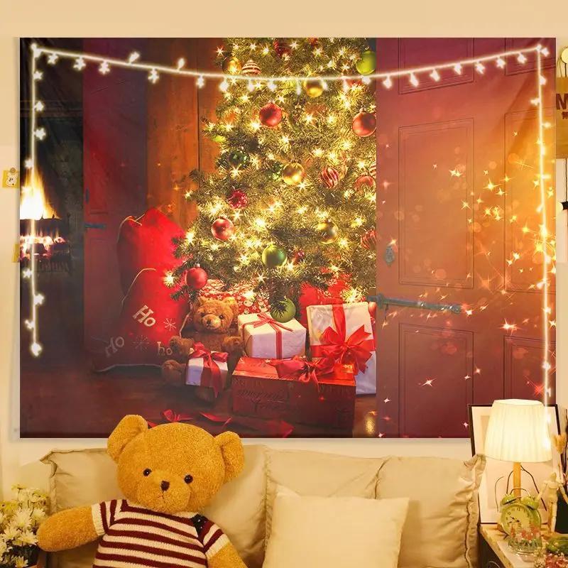VIKAMA Wall Tapestry Christmas Warm Light Tree Gifts Teddy Bear Fireplace Ho Ho Ho Winter Holiday Wall Hanging Home Decor Living