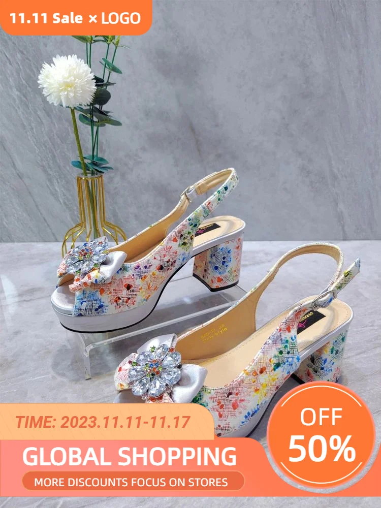 

Summer Sandal for Women 2023 Wedding Bridal Low Heel Shoes Silver Rhinestone Flowers Shoe for Nigeria Party