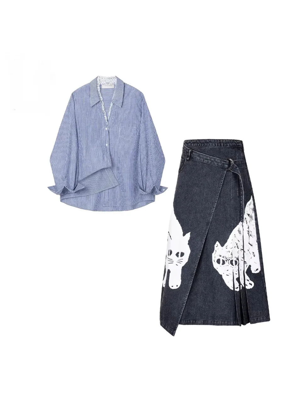 

Стильный комплект из джинсовой юбки с кружевными вставками и полосками и длинной рубашки для женщин, весенний модный комплект из двух предметов