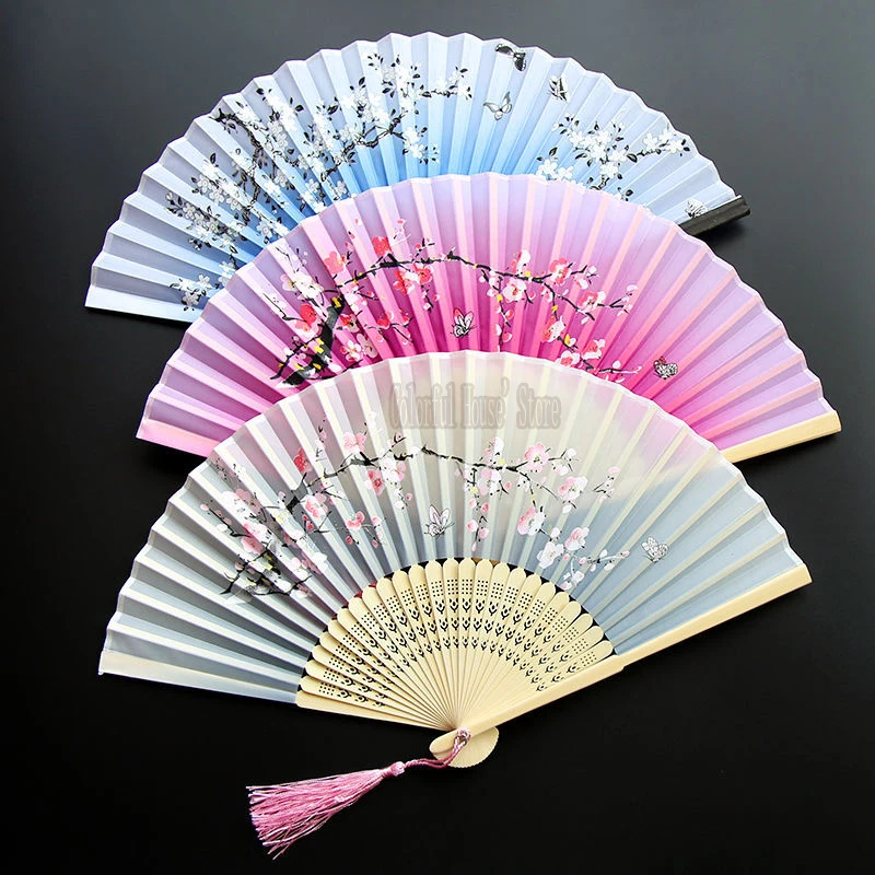 2PC Vintage Style Silk Chinese Folding Fan Japanese Pattern Art Craft Gift Home Decoration Ornaments party Dance Hand Fan