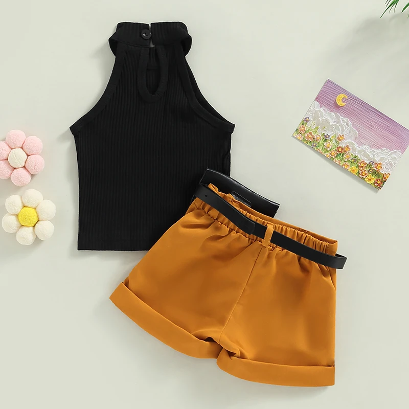 Kids Baby Girls Clothes Fashion Summer Outfit Solid Color Sleeveless Halterneck Ribbed Tops and Shorts Fanny Pack Casual Set