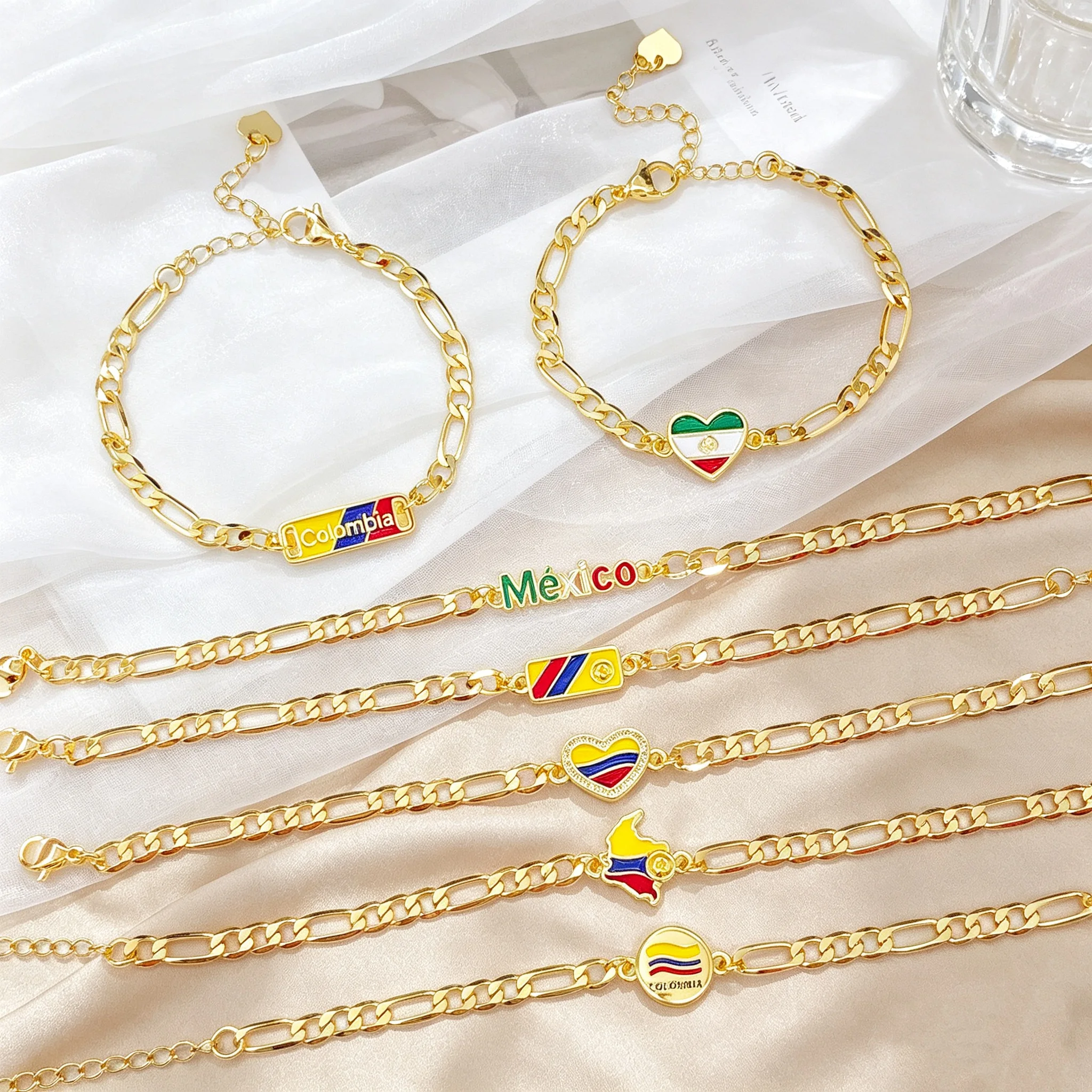 Luxury Enamel Art Gold Plated Mexico Colombia Flag Map Adjustable Bracelet for Men Women Holiday Anniversary Jewelry Fine Gift