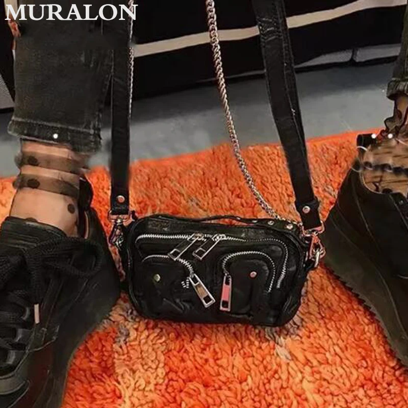 Ladies Punk Cool Crossbody Bag 2024 New Niche Chain Design Retro Motorcycle Bag Multi-pocketed Zip Shoulder Small Square Bag