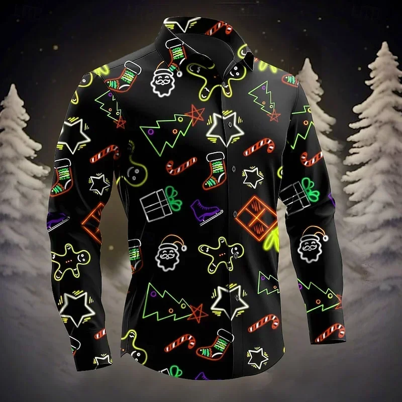 قميص رجالي لعيد الميلاد شجرة سانتا كلوز الزنجبيل رجل طوق قميص بأكمام طويلة عادية حفلة عطلة الخريف والشتاء قميص