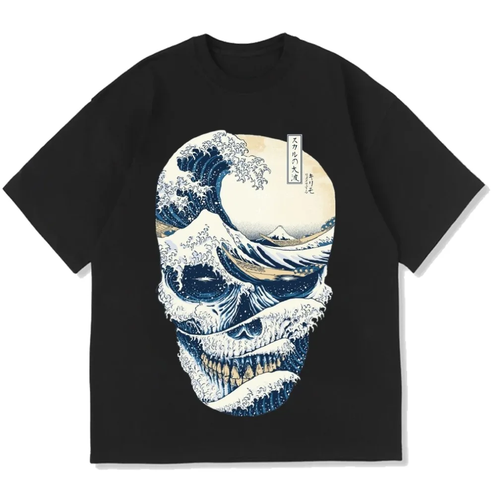 

Модная летняя футболка оверсайз из хлопка с принтом «Волна-скелет», дышащая, для мужчин и женщин, спортивная, новинка, хит продаж 2026