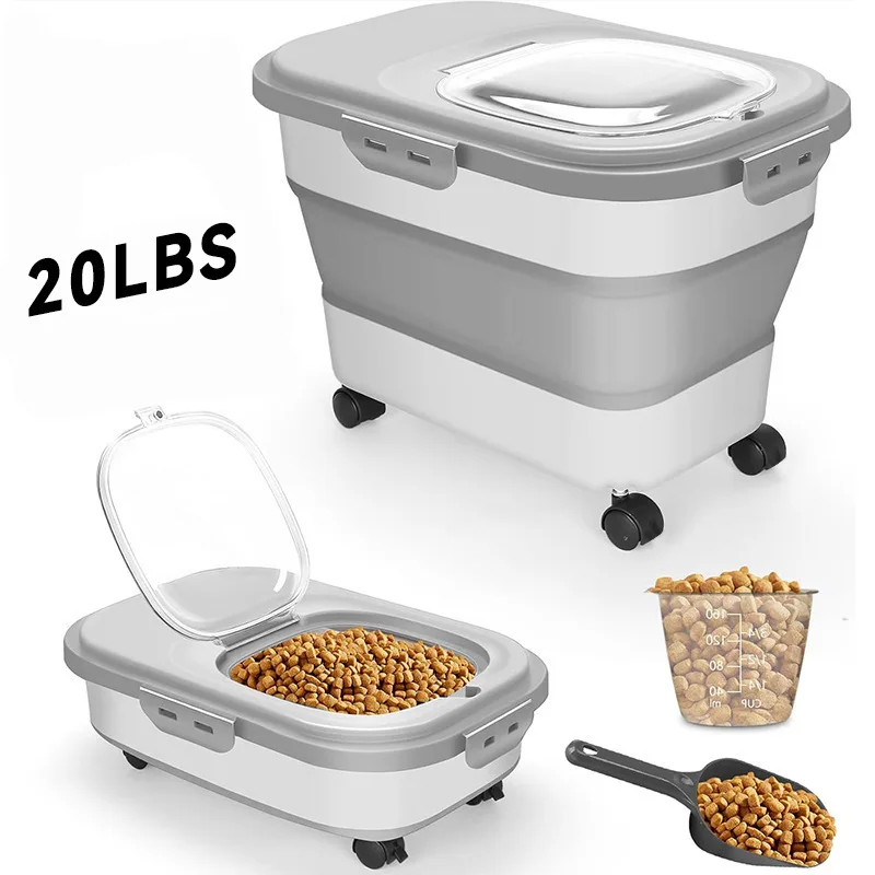 حاوية طعام كبيرة للكلاب قابلة للطي لتخزين طعام الكلاب والجرو وعجلة دلو وعلاج تخزين الحيوانات الأليفة وصناديق الطعام الجافة القابلة للتكديس