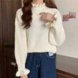 HELIAR Women Ruffles Thicken Warm Sweater Mock Neck Flare Sleeve Sweet Pullovers Solid Casual Sweater For Women 2024 Fall Winter