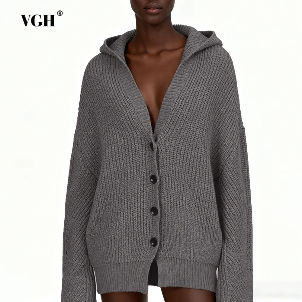 

VGH Designer Loose Spliced Button Solid Knitted Sweaters For Women Hooded Long Sleeve Autumn Temperament Commute Sweater Female