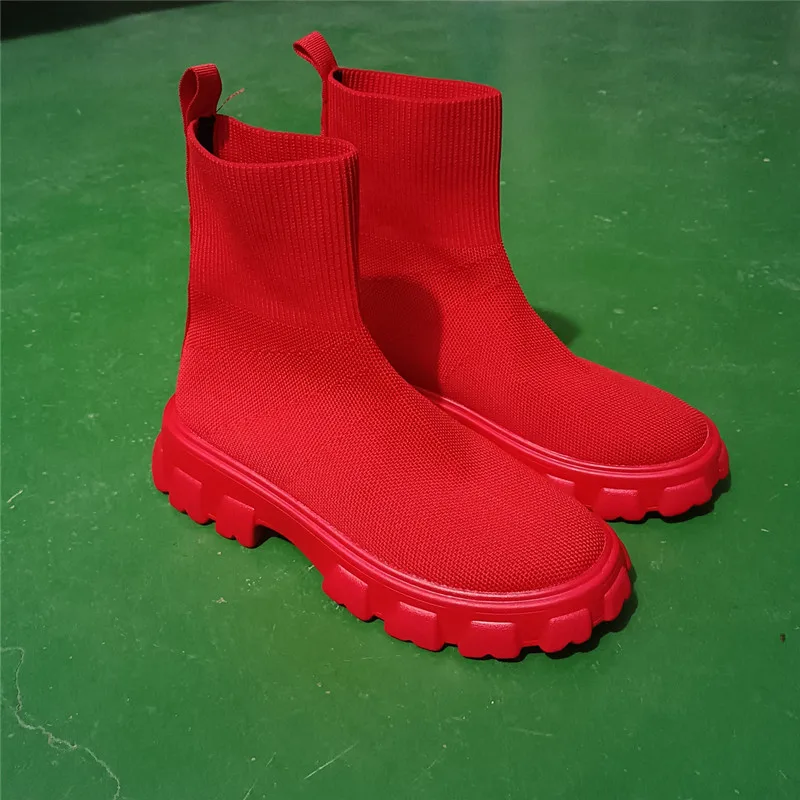 2024 New Autumn Winter Couple Shoes Women Thick-Soled Casual Large Size Red Knitted Short Boots Fashion Women Boots Size