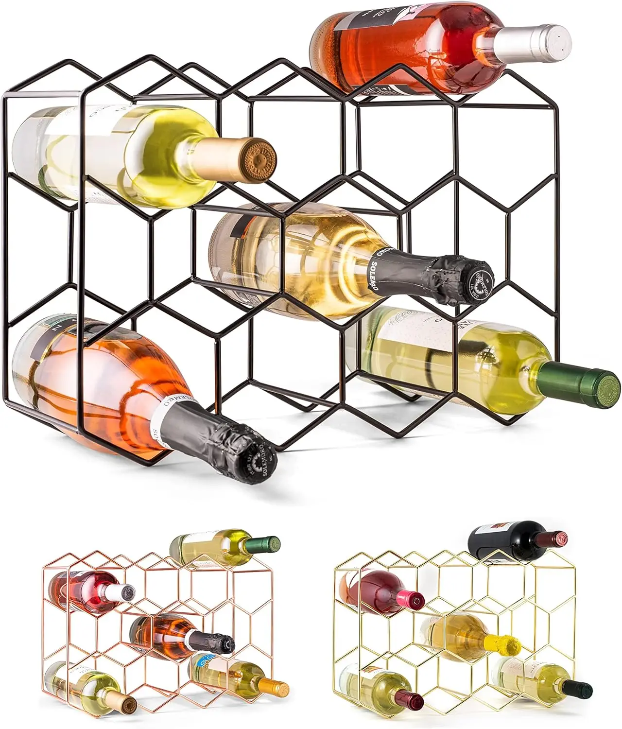 Countertop Wine Rack - 14 Bottle Freestanding Modern Black Metal Small - 3 Tier Tabletop