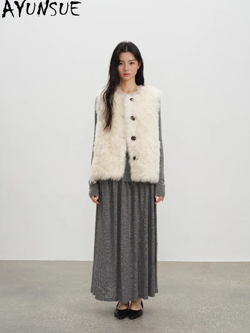 AYUSNUE Women Tuscany Sheep Shearling Vest Short Half Curly Real Fur Sleeveless Coat Autumn Winter Ladies Sheepskin Fur Gilet