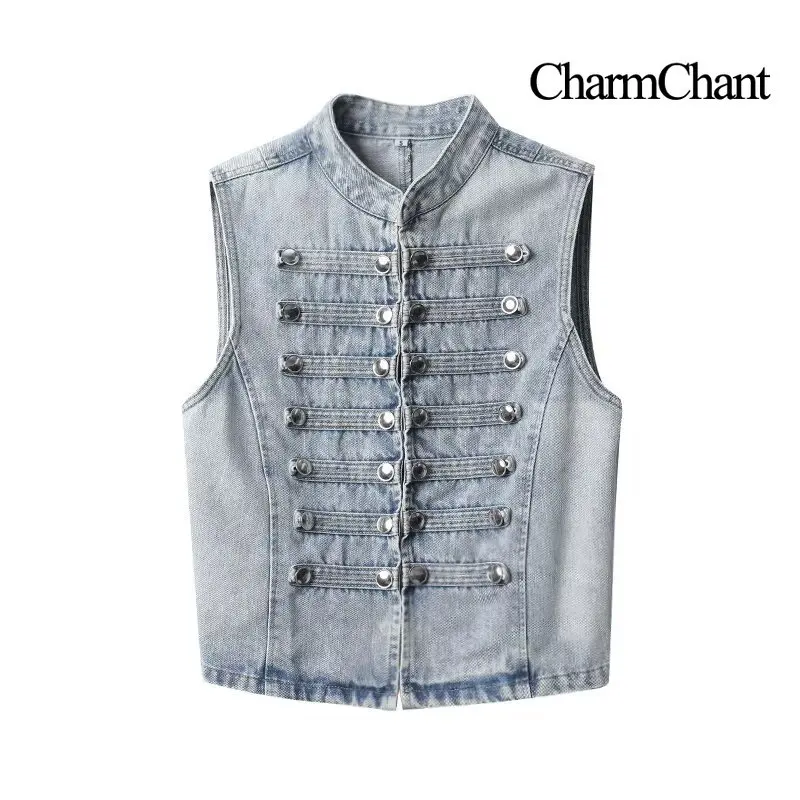 CHARMCHANT Women's Stand Collar Double‑Breasted Metal Button Washed Denim Waistcoat Vest For Streetwear Daily Casual Fall 2026