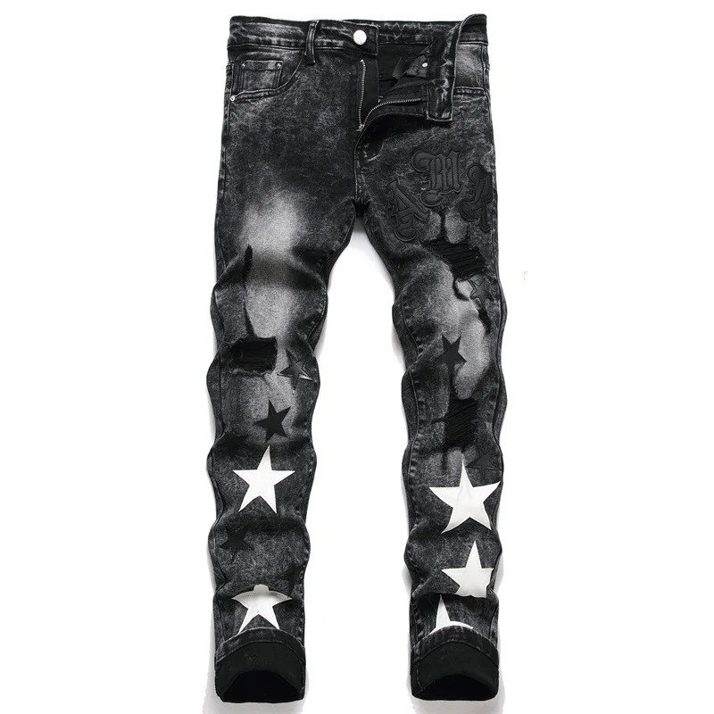 

Slim Fit Punk Hole Men's Jeans Star Embroidery Small Foot Denim Pants Youth Trendy Wear Resistant Chinese Manufacturer