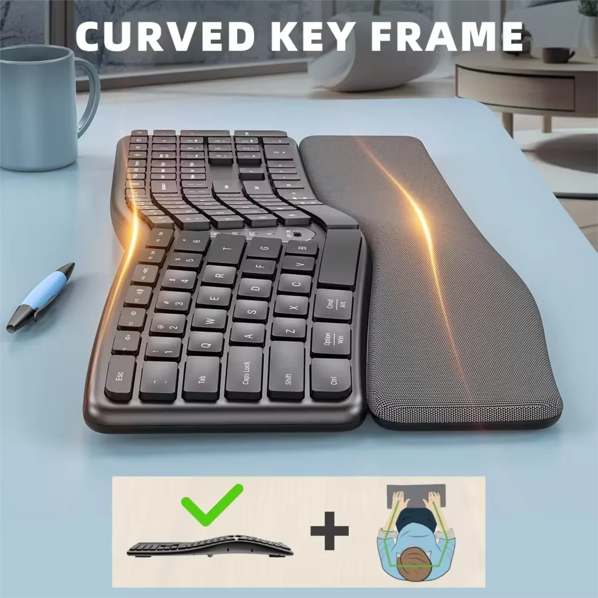 JOMAA Full Size Wireless Ergonomic Keyboard with Palm Rest,Bluetooth&2.4G Connection Rechargeable Ultra-Thin Split Keyboard