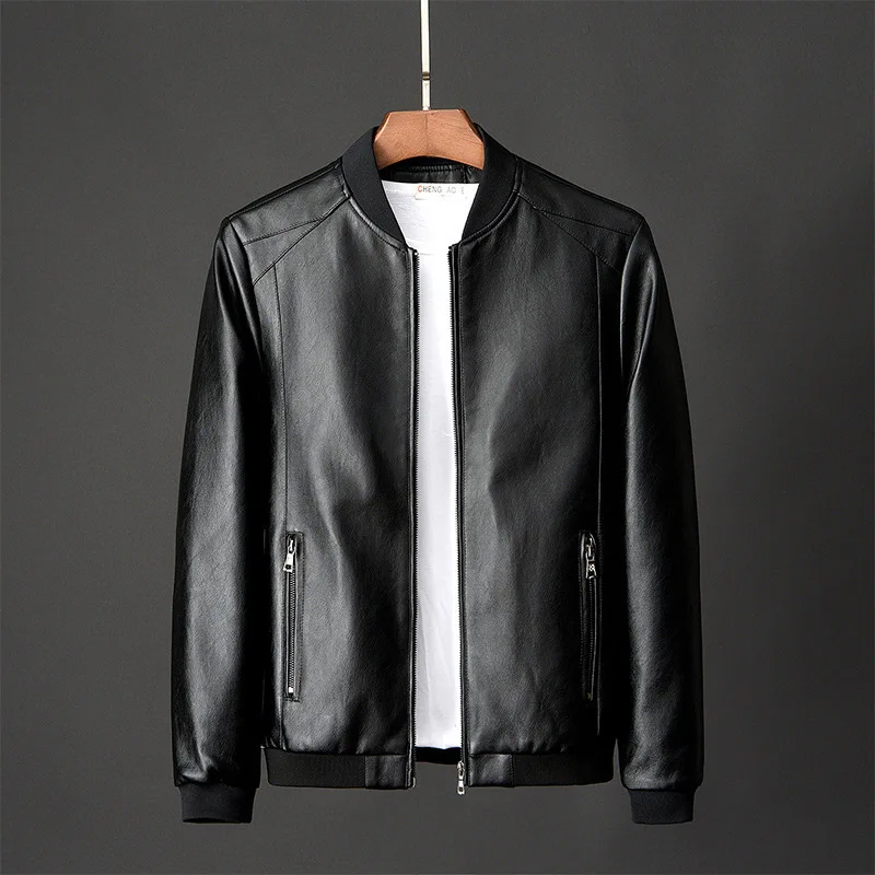 Men Faux Leather Jacket Coats Full Sleeve Round Neck Casual Pockets Zipper Jackets Splice Simple Slim Fit Coat Autumn Winter