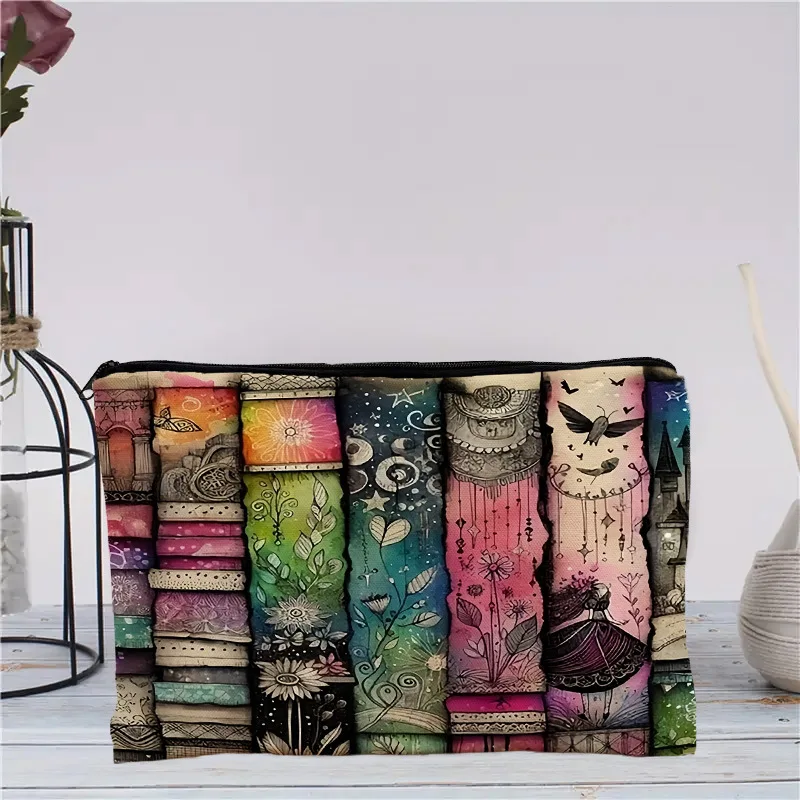 Vintage Boho Patchwork Art Print Makeup Bag Women Portable Zipper Cosmetic Pouch Floral Magic Book Pattern Travel Storage