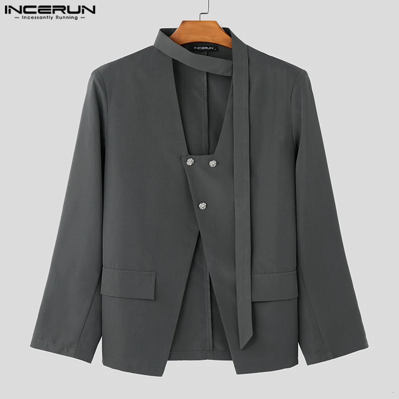 INCERUN Men Fashion Blazer Strap Halter Neck Long Sleeve V Neck Hollow Out Sexy Party Wear Suit Stylish Male Outfits Coat