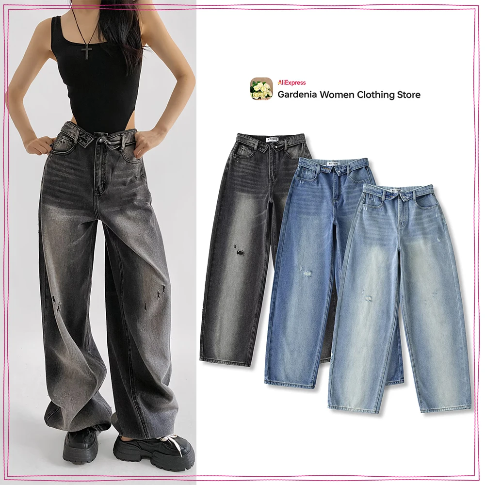 Stylish Folded Waist Jeans for Women Elegant Chic Cowgirls Baggy Pants Mid-rise Wide Leg Jeans with Belt Loops and Five Pockets