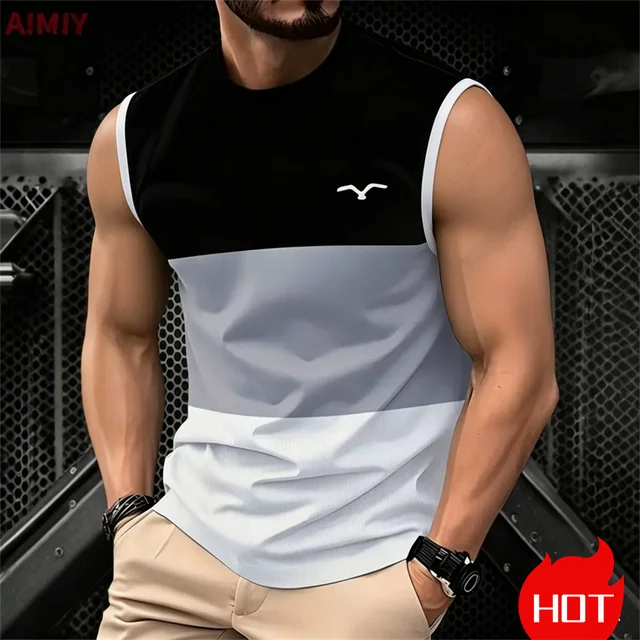 Simple Casual Striped Print sleeveless T-shirt For Men Street Men's tank tops Summer casual vest Clothing Loose Oversized TShirt 5